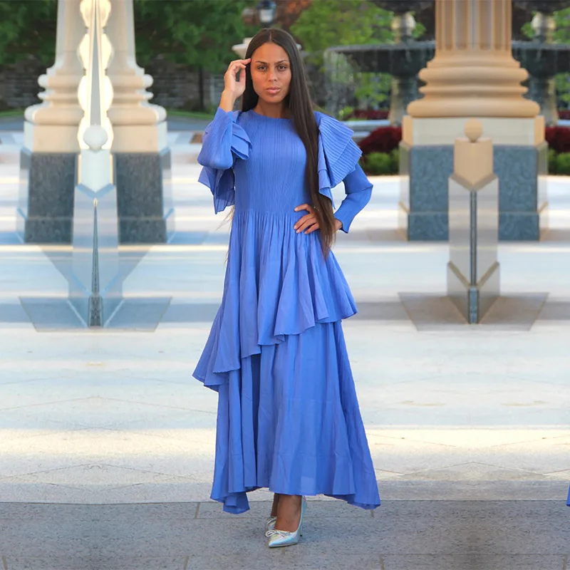2025 Spring Fashionable Large Size Pleated Dress Elegant Unique Design With Lotus Sleeves for Women Casual Dresses for Adults