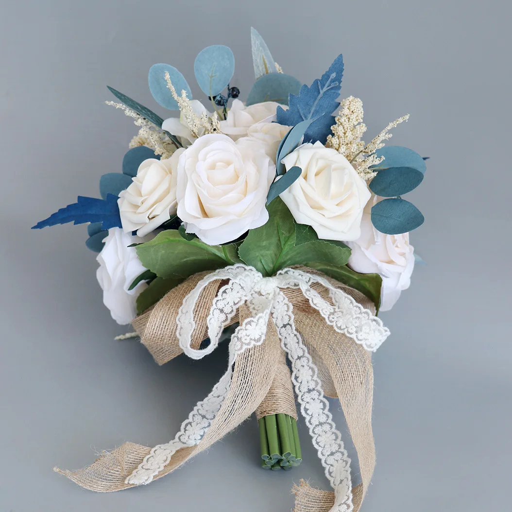 Artificial Wedding Flower Bouquet with Lace Burlap Ribbon for Bride Church  Decor,Dusty Blue Silk Rose Bridal Bouquet Flowers, image size:1054x1054