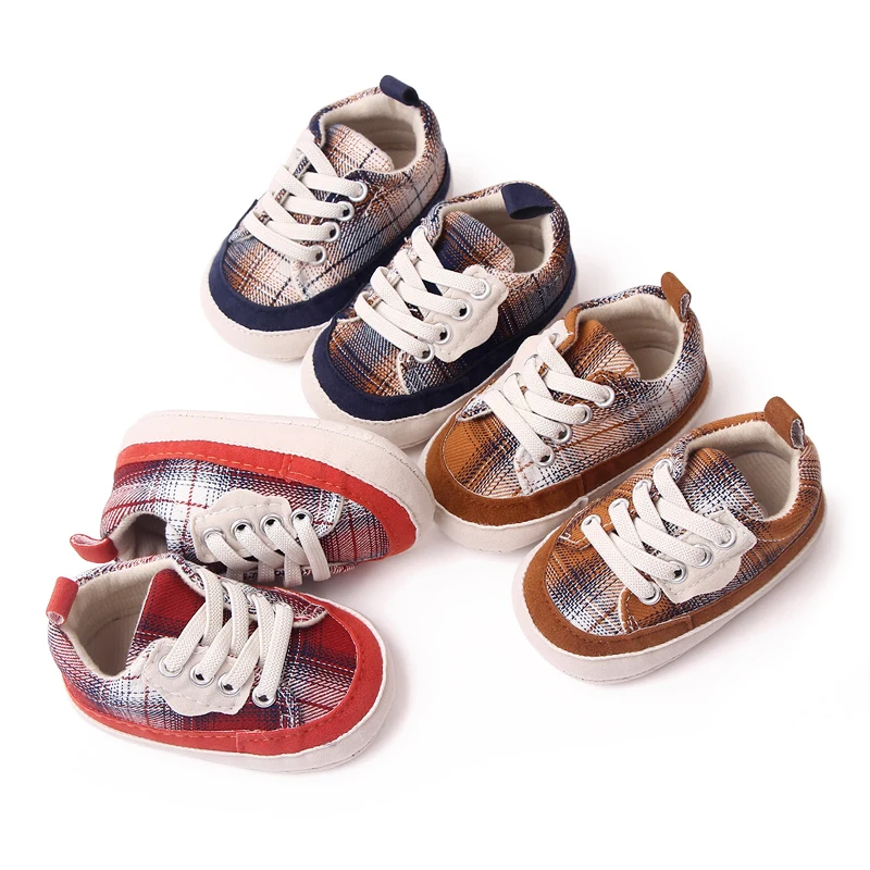 Fashion Trend Baby Boy Color Matching Plaid Pattern Baby Girl Front Lace-up Casual Sports Shoes