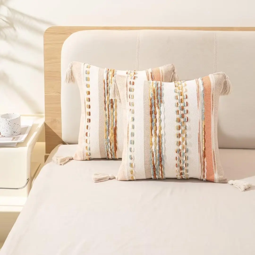 Boho Throw Cushion Cover  Woven Tufted Farmhouse Pillows Cover with Tassels Textured Striped Cushion Case Neutral Pillow Cases