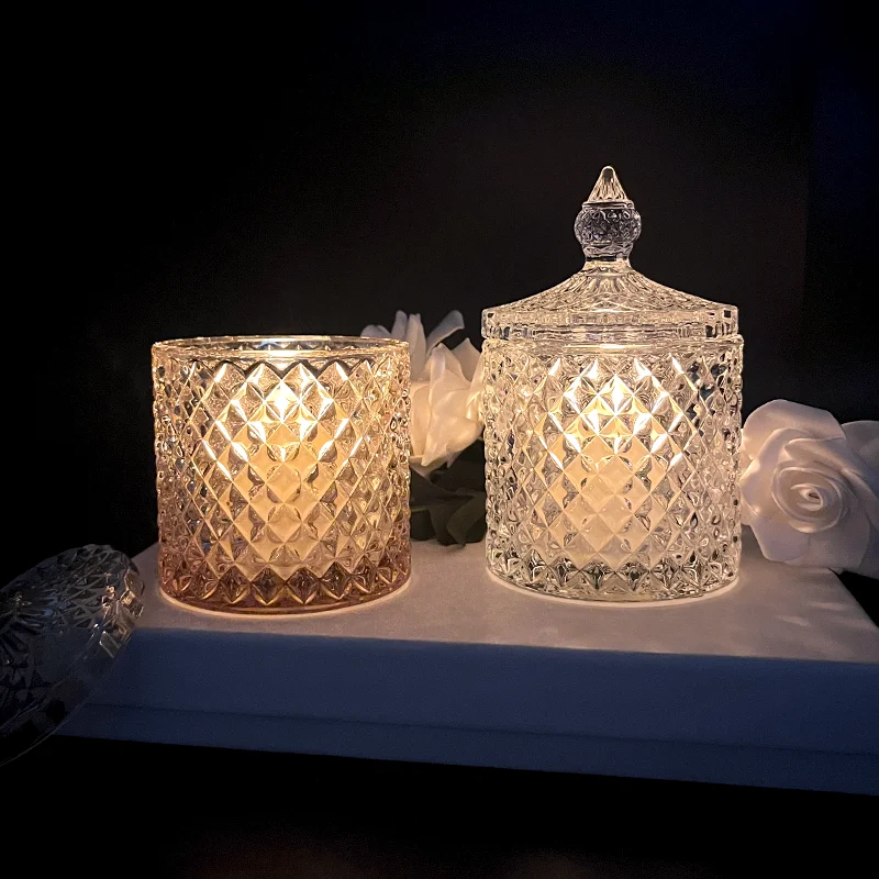 Elegant Diamond Patterned Premium Glass Candle Jars with Lids for Aesthetic Home Decor