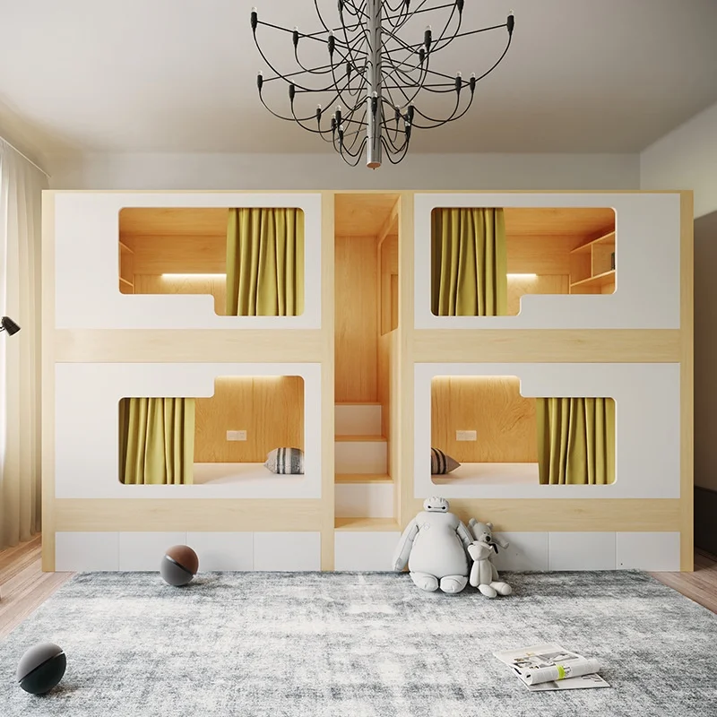 Custom Metal Material Solid Wood Space Capsule Bunk Bed Kids and Students Apartment Dormitory Bunk Bed with Slide