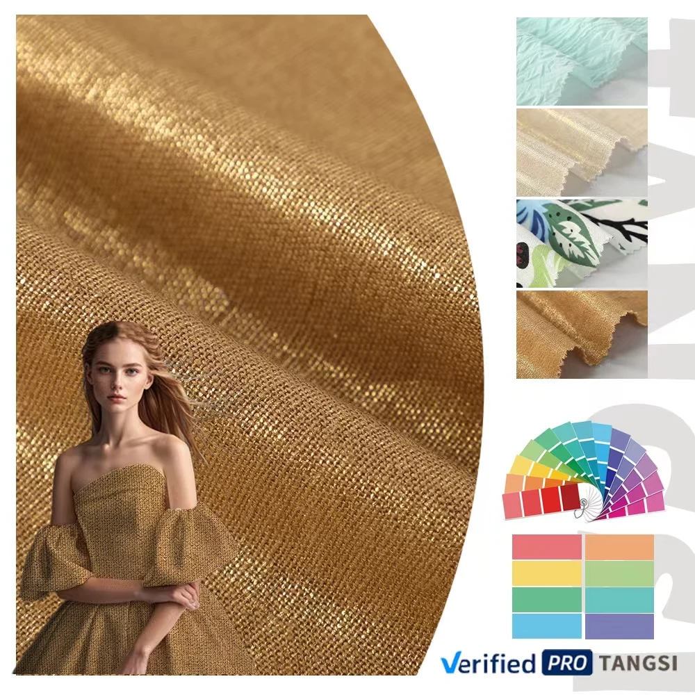 Global Hot Sale High Quality Fashion Stylish Plain Woven Mediumweight Golden Foil 55%Linen 45%Viscose Fabric