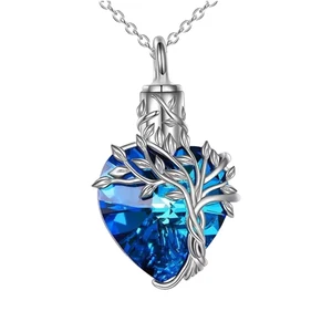 Wholesale Customized 925 Sterling Silver Tree Life Heart Cremation Pet Urn Natural Crystal Ashes Keepsake Necklace Pendant Gift