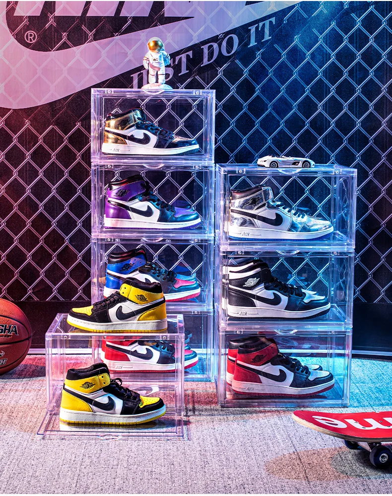 12 Pack Clear Acrylic Drop Front Shoe Box Plastic Magnetic Black ...