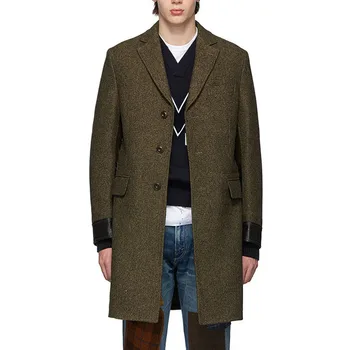 OEM Custom Logo mens long Brown & Black wool blend Tweed Melton Coat