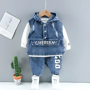 Fashion Autumn Boy Baby Suit Boutique Casual Denim Cotton Hoodie 3-piece Set with Letter Pattern for Kids Wholesale