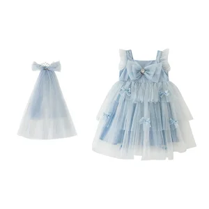 High Quality Blue Solid Sweet Summer Baby Girls Mesh Dresses with Blue Bow 100% Cotton Lining Wholesale Kids Girl Dress Clothing