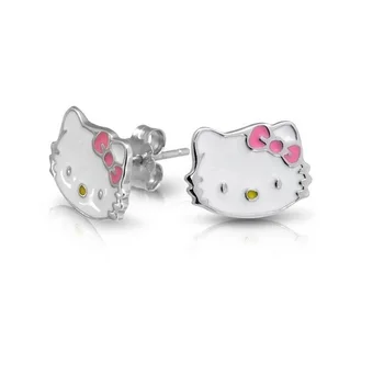 YCE1044 Girls Pink White Enamel Cool Kitty Cat 925 Sterling Silver Stud Earring