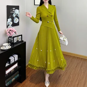 Fast Delivery Office Lady Dress Latest Design Solid Color Long Sleeve Elegant Dress Casual Pleated Dresses