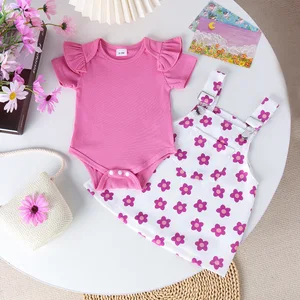 Summer New Baby Toddler Cute Pure Color Suit + Floral Printed Suspender Skirt Casual Girls Sets  Clothes for KIds