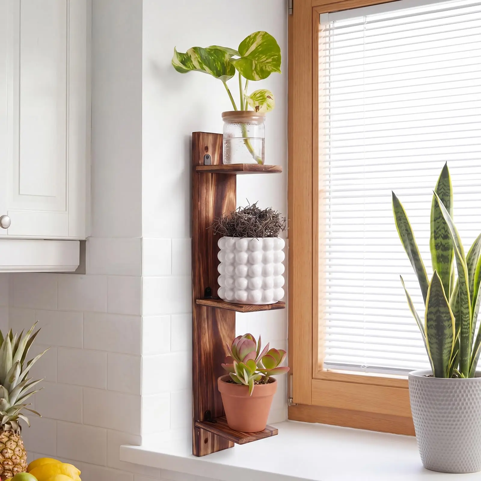 product wall plant shelf 3 tier rustic wood corner plant stand window wall mount space saving indoor plant holder for living room decor-7