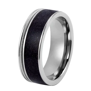 TIZTI Ring 8mm Dome Shape Steel Guitar String and Crushed Blue Sandstone Inlay Titanium Ring Stainless Steel Wedding Band