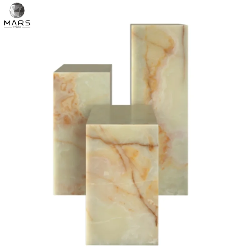 Natural Stone Square Block Light Green Onyx Marble Plinth Cube Coffee Table Side Table