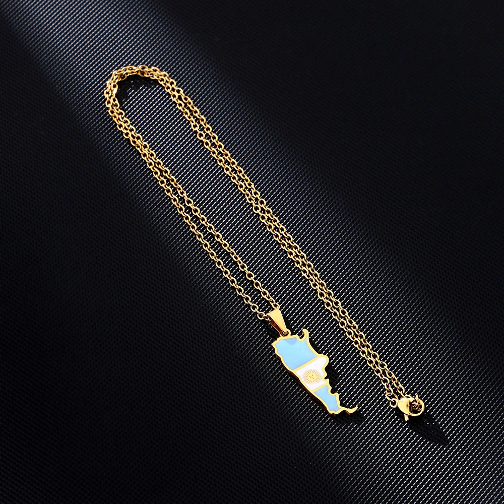 Manufacturer Enameled Stainless Steel Silver 18K Gold Plated Charm Necklaces Enamel Argentina Flag Map Pendant Necklace