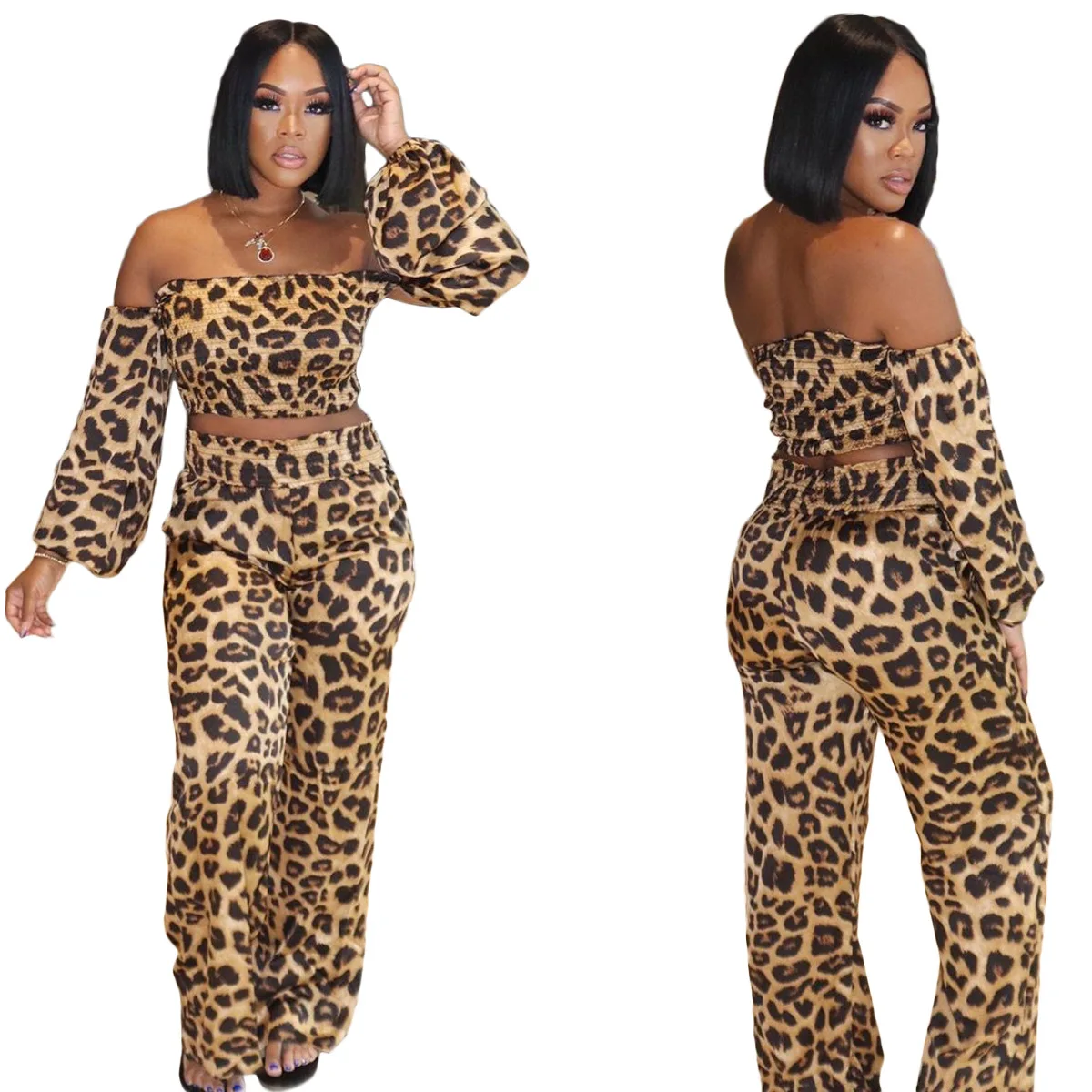 leopard 2 piece pants set