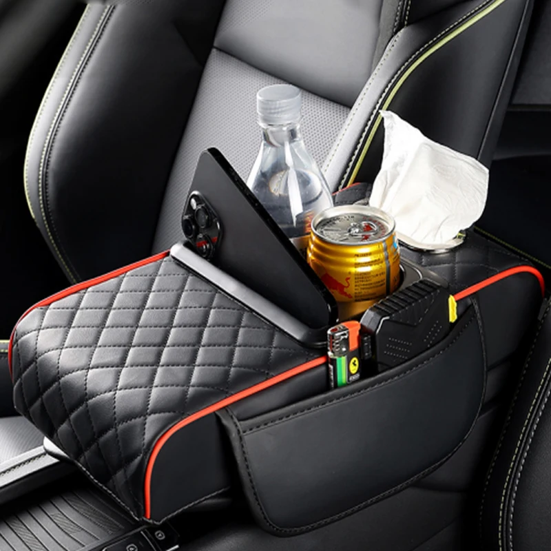 Bracciolo Universale in Pelle per Auto con Supporto Rialzato, Portabicchieri e Vano Portaoggetti