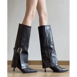 Autumn and Winter New Women's Slim High Heels Knee High Boots Metal Strap Black Leather Zipper Pointed Elegant Dress High Boots