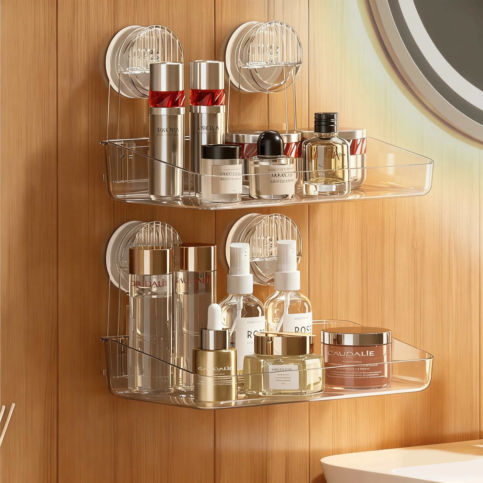 Estante de armazenamento montada na parede sem marcas, com ventosas sem perfuração, design leve e luxuoso para cozinha, banheiro e sala de estar