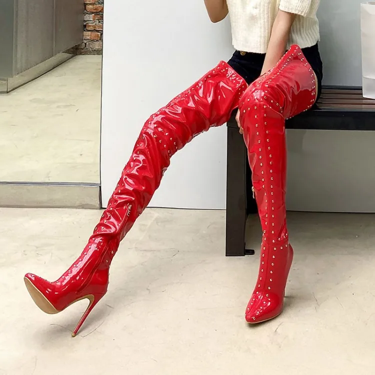 Pdep New Arrival White Thigh High Heels Rivets Pointed Toe Boots Wide ...