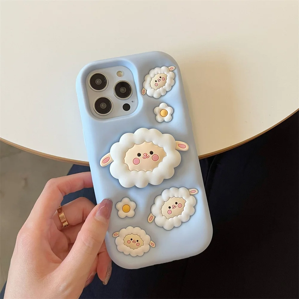 Kawaii Sheep Design Soft Silicone Shockproof Protective Cover with Holder for Women Girls for iPhone 16 Pro Max Cute Phone Case