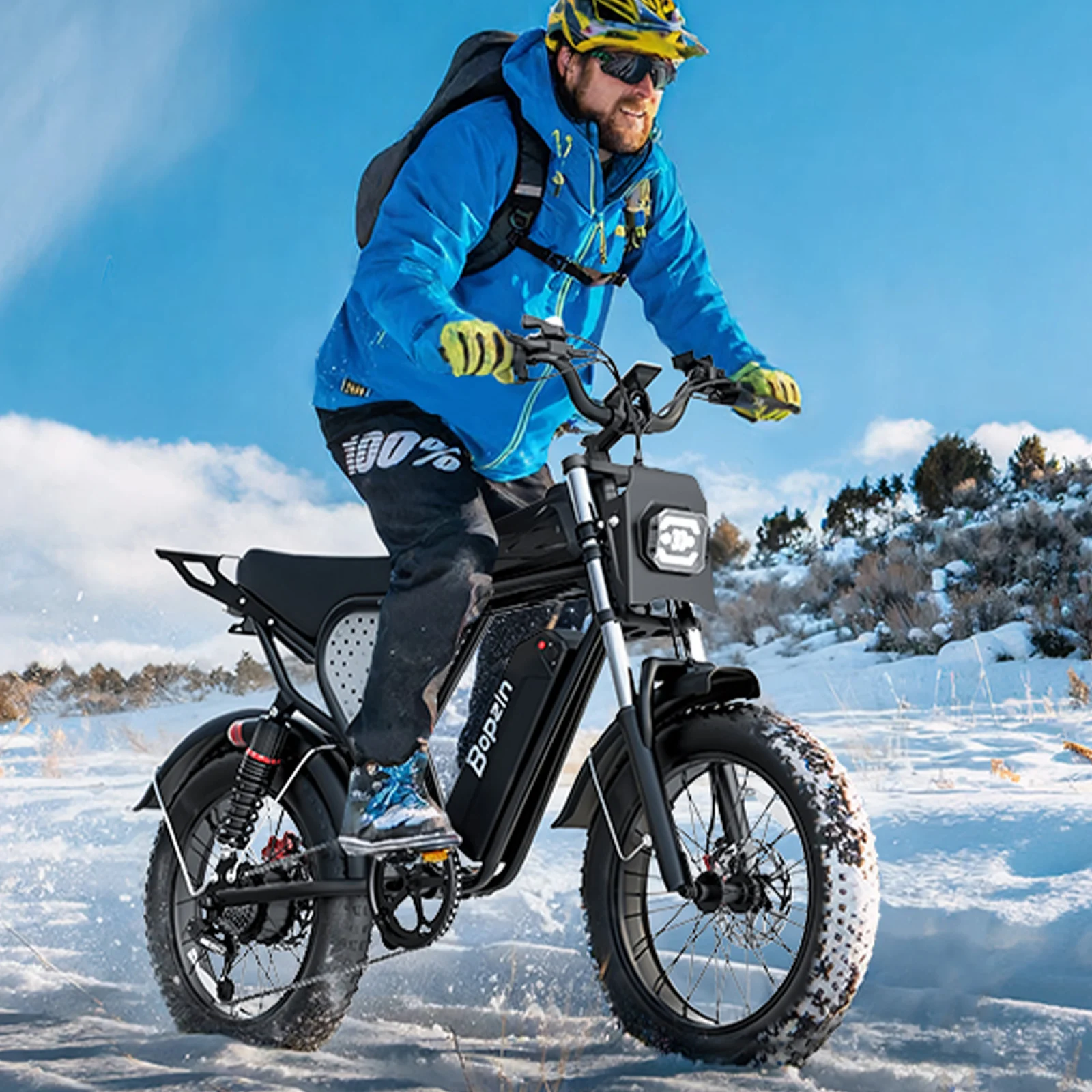 Bopzin Q20 full suspension fat tire electric bike in stealth black with motorcycle style frame