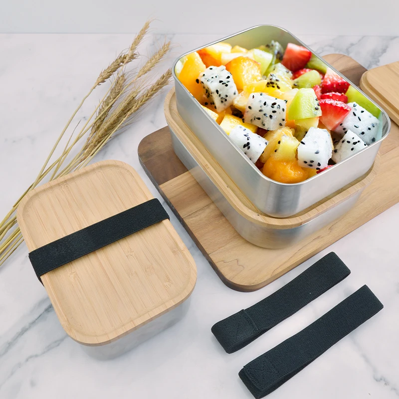 Экологически чистый прямоугольный Ланч-бокс из нержавеющей стали без бисфенола А контейнер бамбуковый Бенто-бокс Штабелируемый металлический