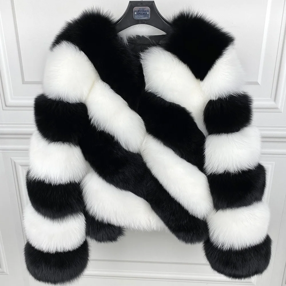Natural Fur Coat Elegant Black and White Striped Fox Fur Jacket