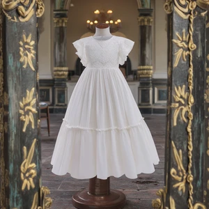 Summer Babys Dress Long Swing Dress with Lace & Ruffles Short Sleeve Solid Pattern Girls' Party Clothes for Kids