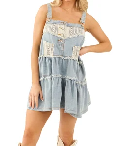 Light Wash Denim Button Suspender A-Line Eco-Friendly 100% Cotton Ruffles Mini Dress