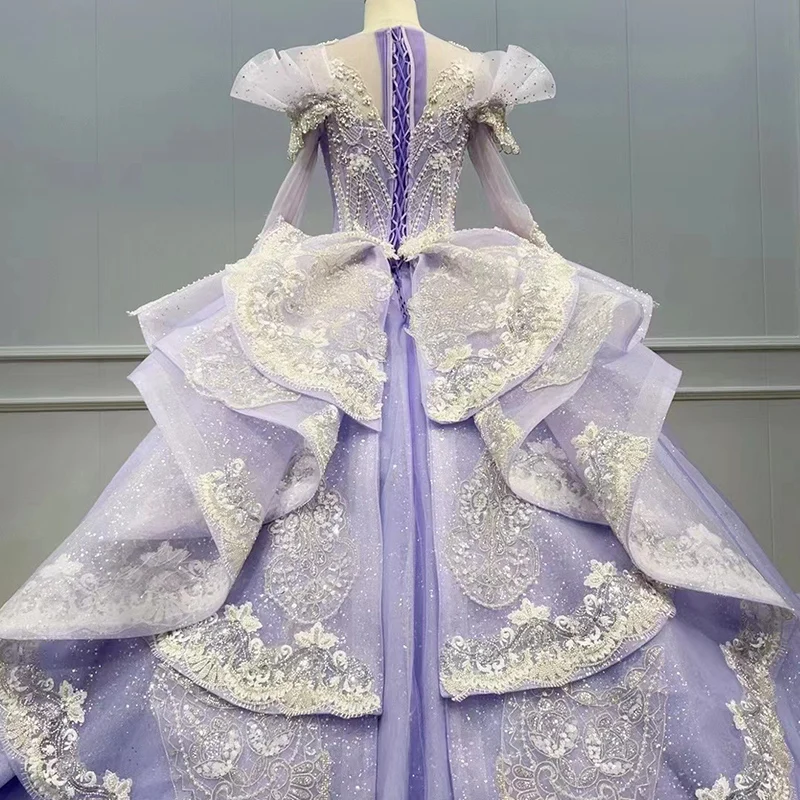 New Design Factory Direct Sales Long Sleeve Quinceanera Dress Purple Lace Color Wedding Dress Wn036