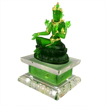 Ancient Crystal Glass Green Tara Fengshui Decorative Crystal Crafts Glass Buddha Statue