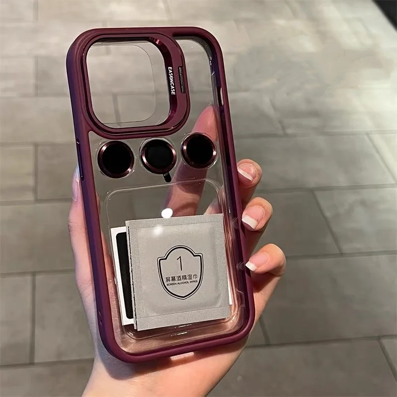 Lens Metal Ring Protector Stand Phone Case for IPhone 16 15 14 Pro 13 12 11 Pro Max Camera Protection Acrylic Shockproof Cover