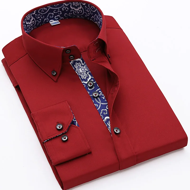 Spring and Autumn Pure Cotton Solid Color Collar and Cuff Contrast Slim Fit  Dress Formal Shirt for Men