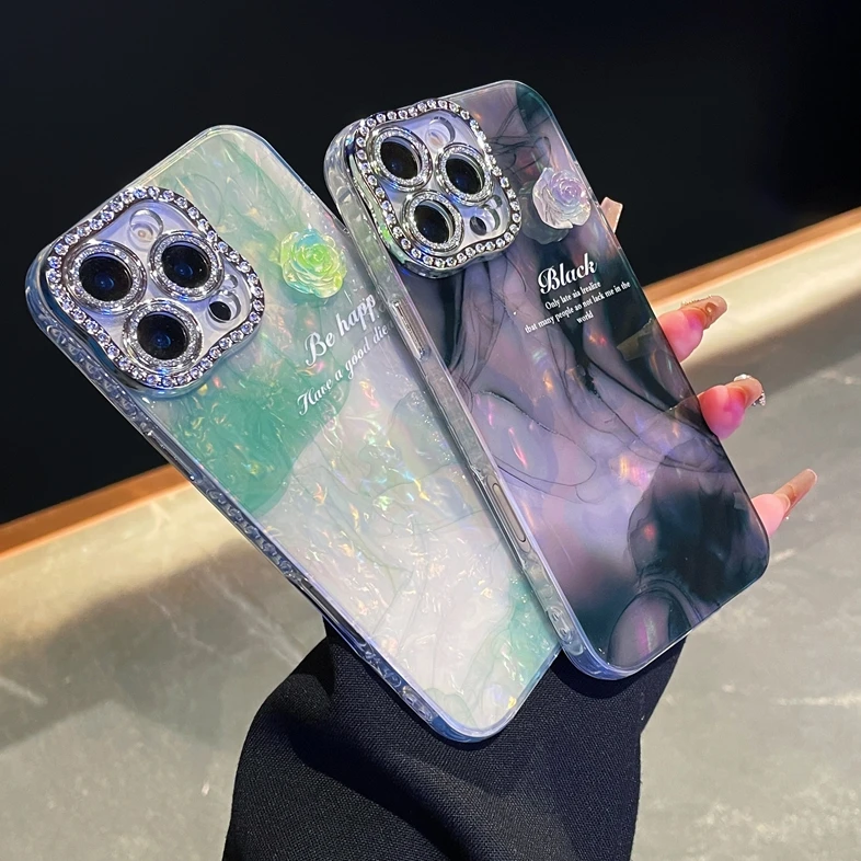 Luxury Diamond Marble Shell Soft TPU Case for iPhone 16 Plus 15 Pro 14 Pro Max 13 Mini 12 11 Bling Girls Smudge Phone Cover