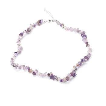 Boho Healing Crystal Gemstone Beaded Choker Natural Amethyst Chips Beads Necklace Adjustable Handmade Jewelry