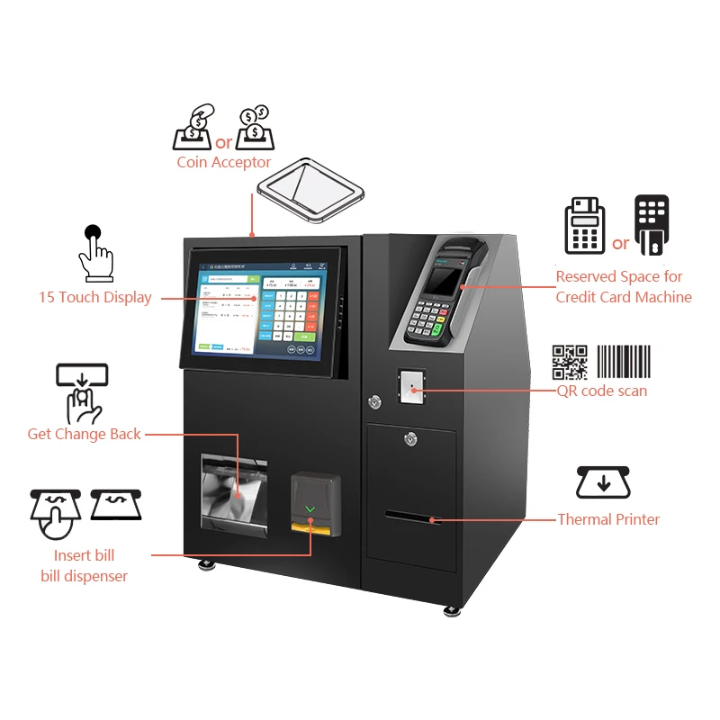 Internet 15'' Touch Screen Donation Self-payment Self Cash Payment Kiosk with Coin Acceptor for Supermarket Store