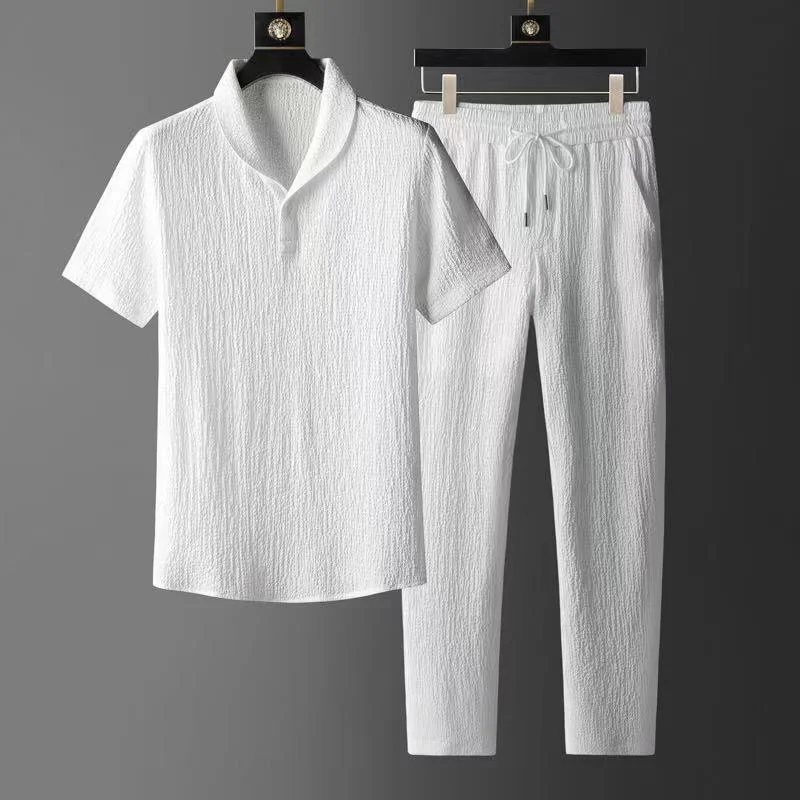 Personalizado venda quente conjunto masculino verão novo fino terno esportivo moda masculina camisa de manga curta calças 2 peça set408_voghion.com