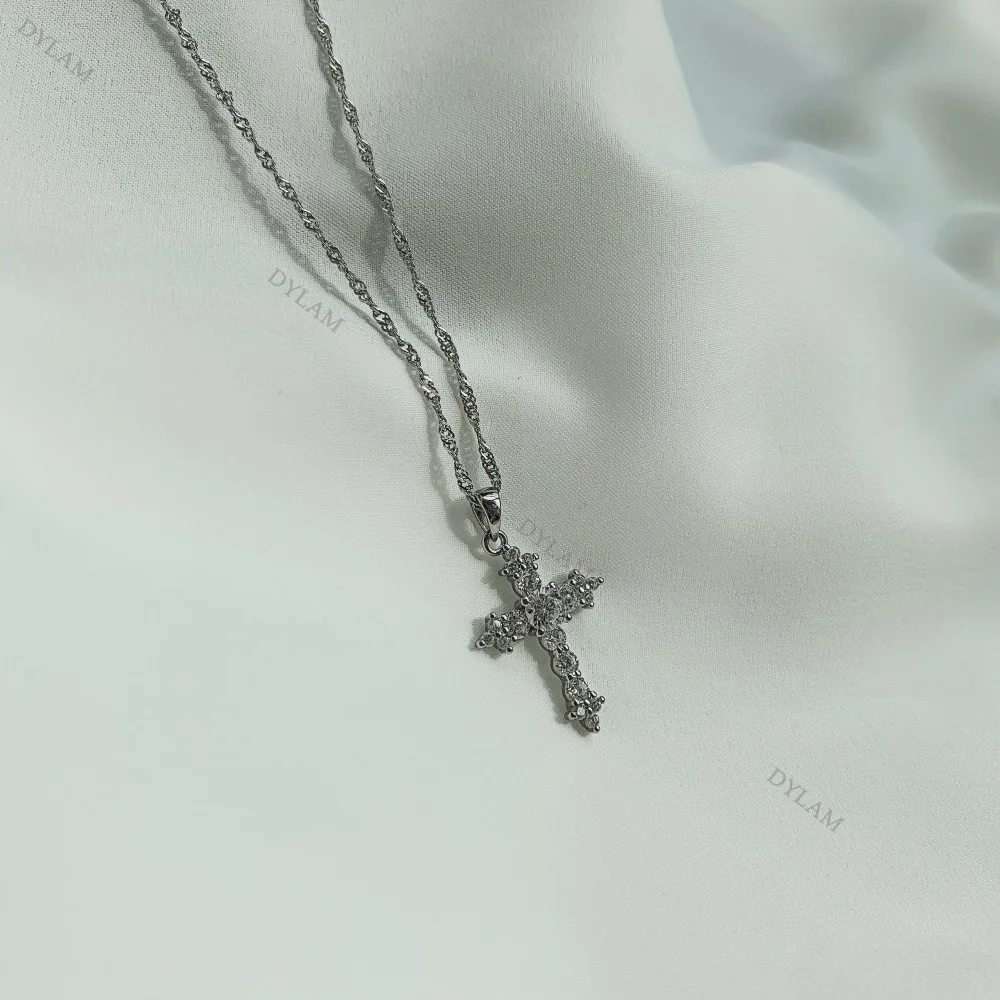 KAKODIY Sterling Silver Jewelry Simple Crystal Pendant Women's Necklace Zirconia Jewelry Couple Exquisite 925 Sterling Silver Cross Necklace detail 8