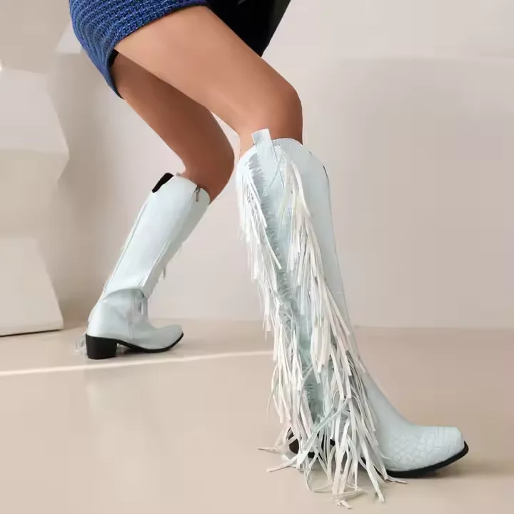 Low Moq Ladies Cowgirl Wide Calf Boots 2024 Winter 5cm Heel Knee High Women Western Fringe Boots With Tassel - Image 5