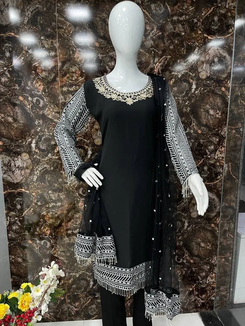Latest Designer Collection Chine Sequence Black Ethnic Style Kurti With Pant and Dupatta Set Georgette Work Suit Fully Stitched