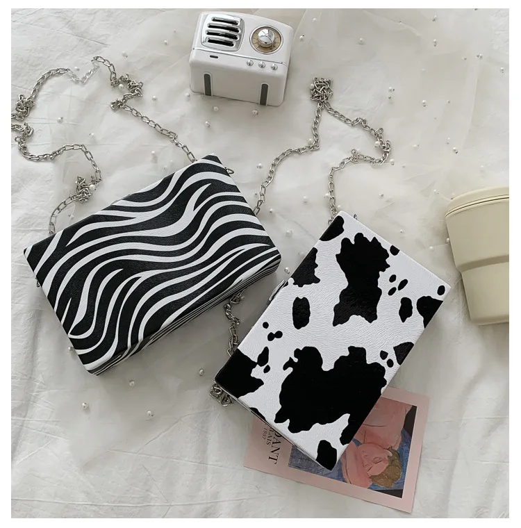 Fashion Cow Leopard Pattern Square Crossbody Box Leather Chain Ladies Hand Bags Purses Women