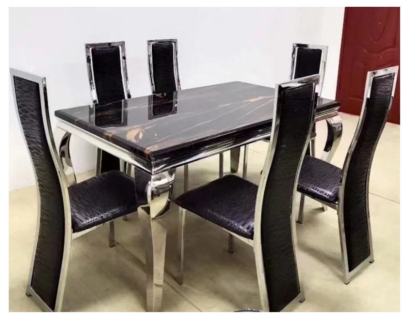 Modern Rectangle Marble Dining Table with Stainless Steel & Black PU ...