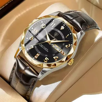 POEDAGAR 858 Luxury Business Man Wristwatch Waterproof Luminous Date Week Watch For Men Quartz Leather Men's Watches