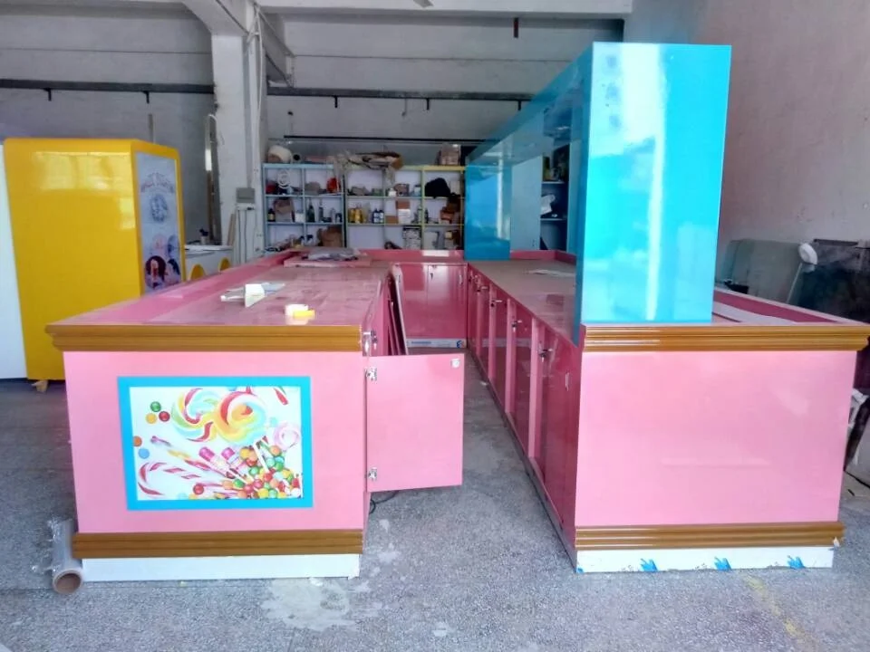Modern Candy Kiosk Design in Mall/portable Mobile Sweet Counter Stall Idea for Popcorn with Cotton Retail Display Shelf for Sale