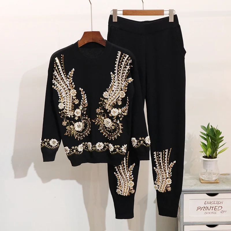 Fashion New Casual Fall Winter Warm Lady Sequin Sweater Pants Set Two ...