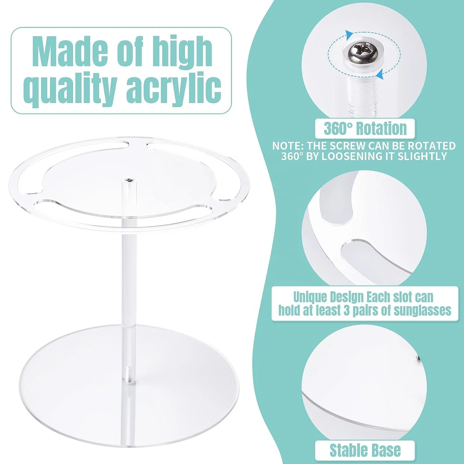 thumbnail image 2 of Acrylic Sunglass Organizer Stand With 360 Rotating, Eyeglasses Display Rack Black Glass Tabletop Organizer For Up To 12 Pairs Of Eyewear Glasses For Table Dresser Desk Bedroom, Transparent 2 of 10