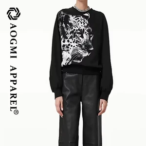 Haute Couture Fashion Ladies Animal Leopard Print Back Cutout Sweater 100% Cotton Winter Eco-Friendly