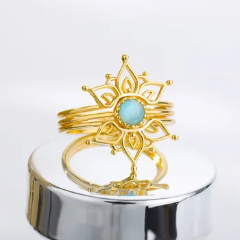 RFJEWEL Lotus 3 Layers Ring 18K Gold Plated Ring with Turquoise Stone for Mother's Day Gift Ring