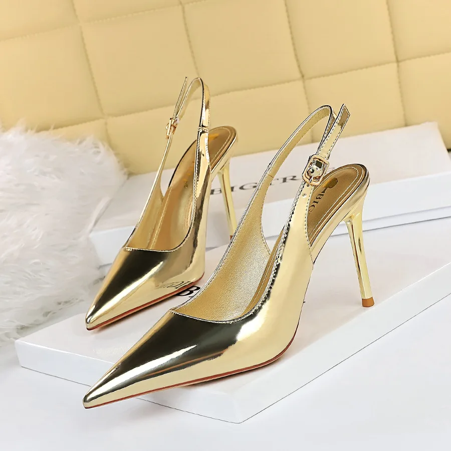 New Women's Fashion High Heel Shoes Pointed Toe Stiletto Pumps Party Bright Shoes Rome Sandals